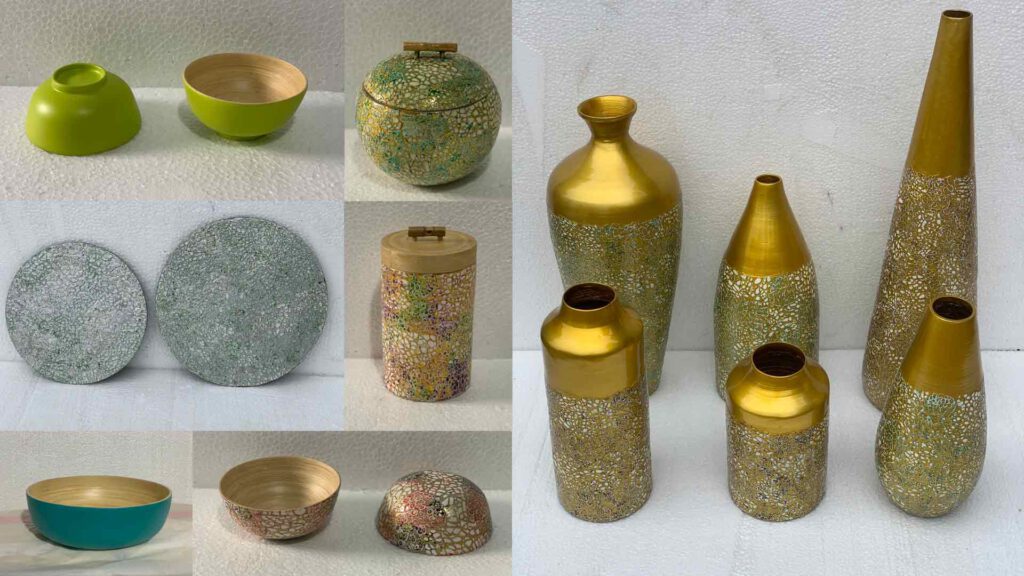 A combined image of umique lacquerware products, vases, plates, bowls and round boxes, land of origin is Vietnam.